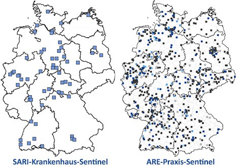 Zwei Deutschlandkarten: links die teilnehmenden Sentinel-Krankhäuser für SARI (schwere akute respiratorische Infektionen), rechts die teilnehmenden Sentinel-Praxen für ARE (akute respiratorische Erkrankungen). Quelle: RKI